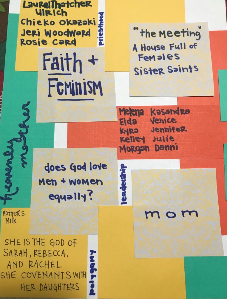 Patchwork of post-its with notes about faith and feminism