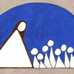A collection of triangular figures looking towards a larger triangular figure.