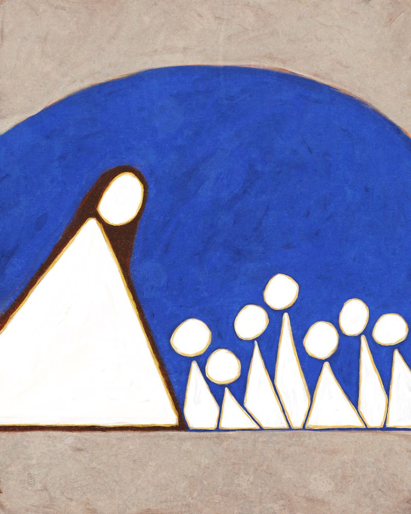 A collection of triangular figures looking towards a larger triangular figure.