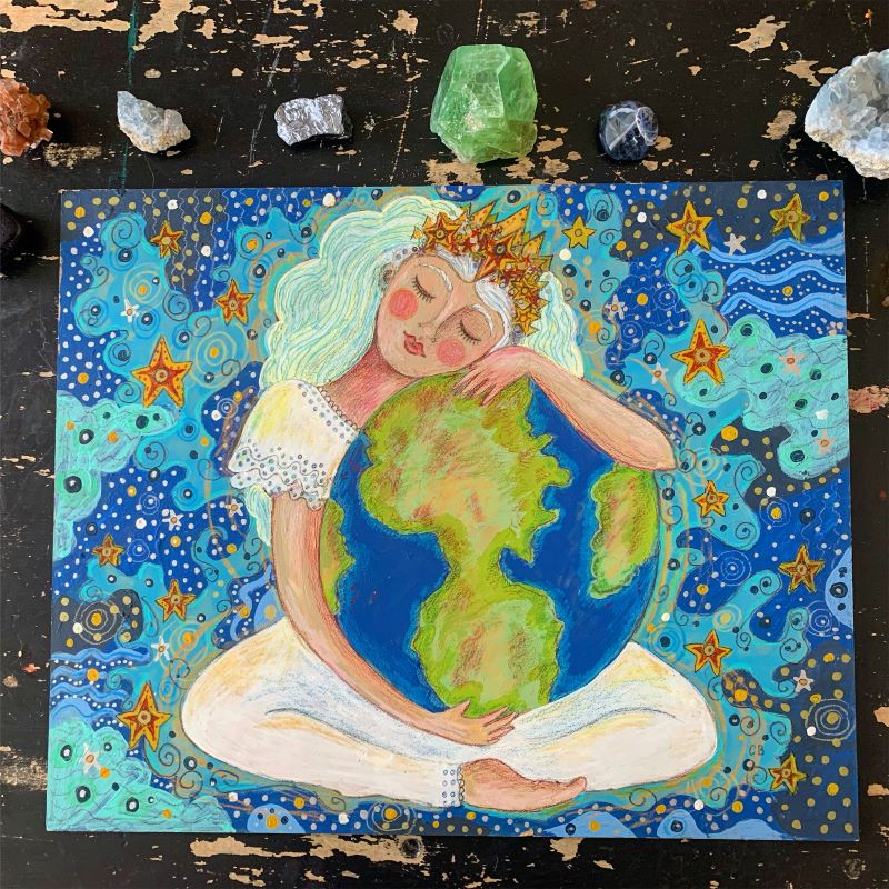 Heavenly Mother sitting in front of starry background and holding the earth on her lap.