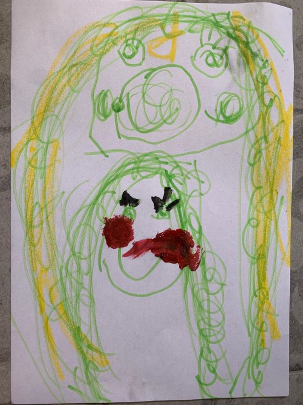 Yellow and green child's drawing of a large woman and a small girl.