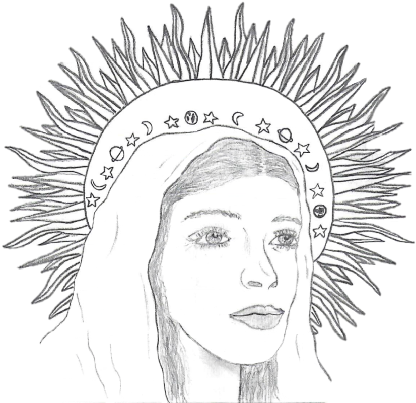 Pencil drawing of a woman wearing a crown made of stars and planets