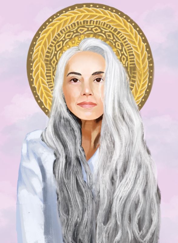 White woman with long gray hair and golden halo