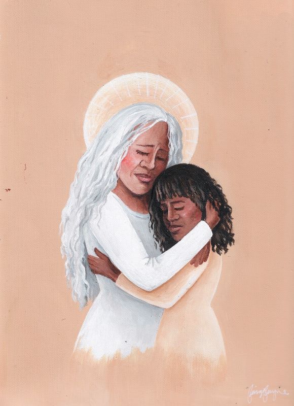 White haired woman hugging girl