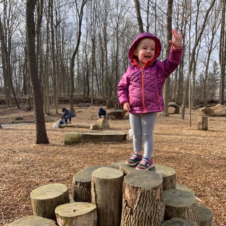 Toddler girl in pink coat standing on stump of wood and waving hand like a queen