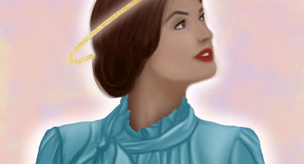 Hispanic Heavenly mother wearing light blue dress and shimmery gold halo
