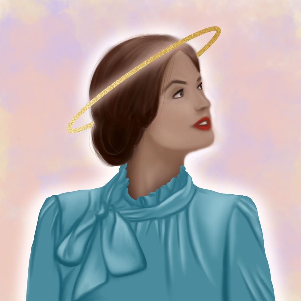 Hispanic Heavenly mother wearing light blue dress and shimmery gold halo