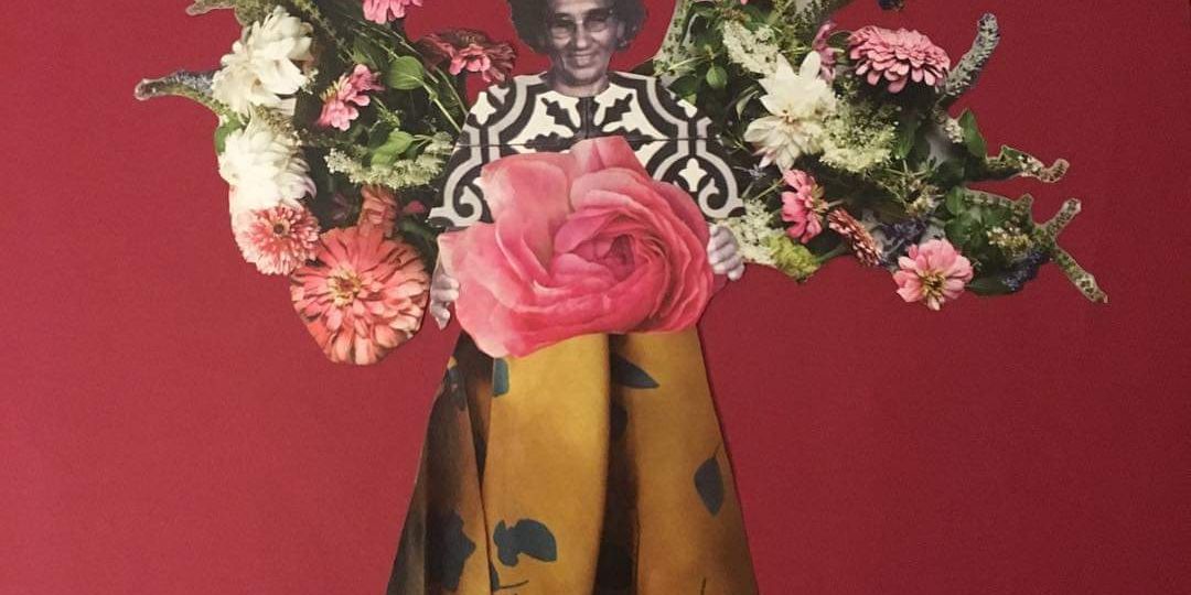 Collage of indigenous woman in yellow dress holding flowers