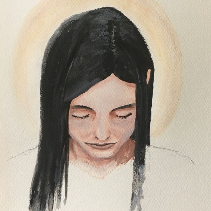 Woman with black hair an halo looking down