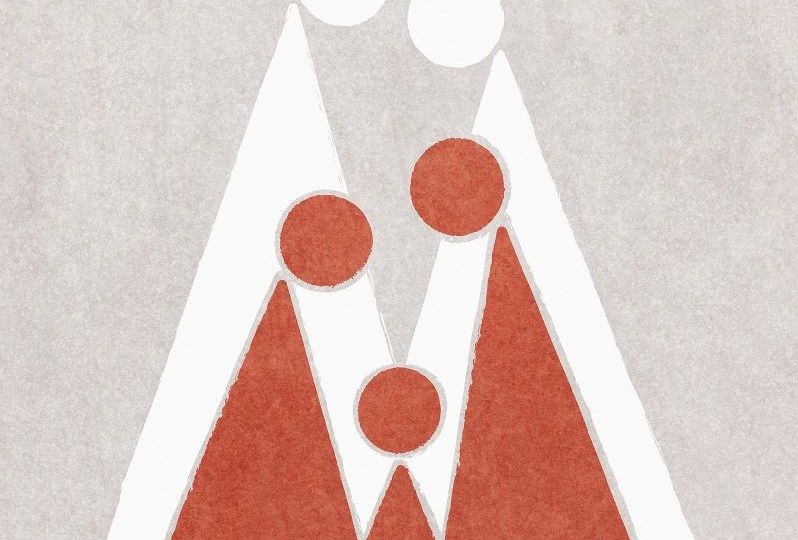 Red triangular family in front of white triangular couple