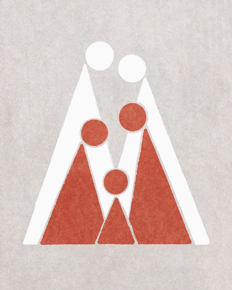 Red triangular family in front of white triangular couple