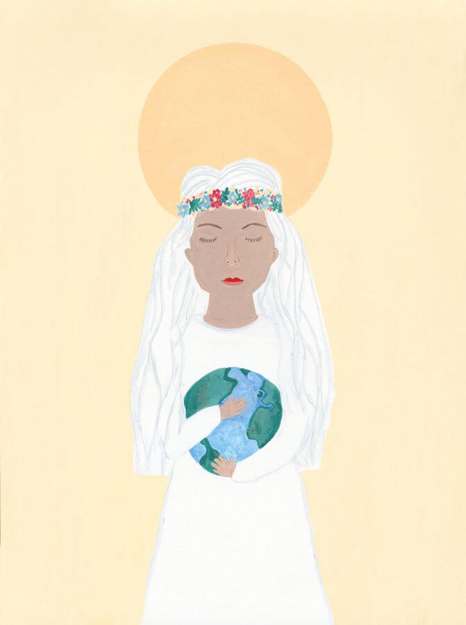 Drawing of woman holding earth in her hands