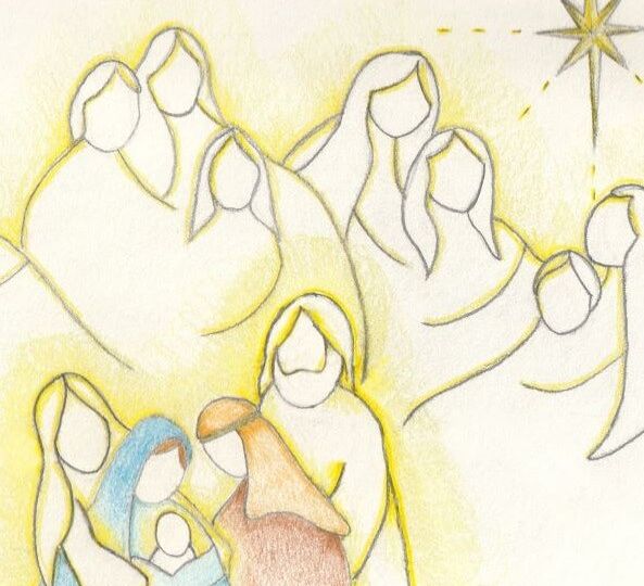 Pencil drawing of nativity scene and a group of angels