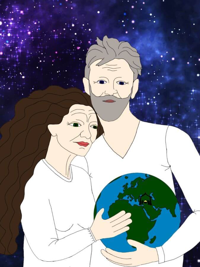 Two people dressed in white holding earth with nativity scene in front of backdrop of stars.