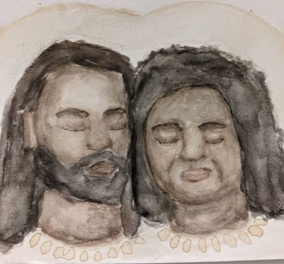 Gray watercolor of a man and woman with halos