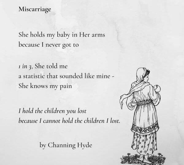 Photo of printed poem with sketch of woman holding infant, her back to the viewer