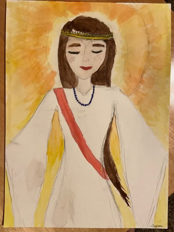 Watercolor painting of woman with dark hair wearing a white dress with flowing sleeves and red sash. She is surrounded by a yellow glow.