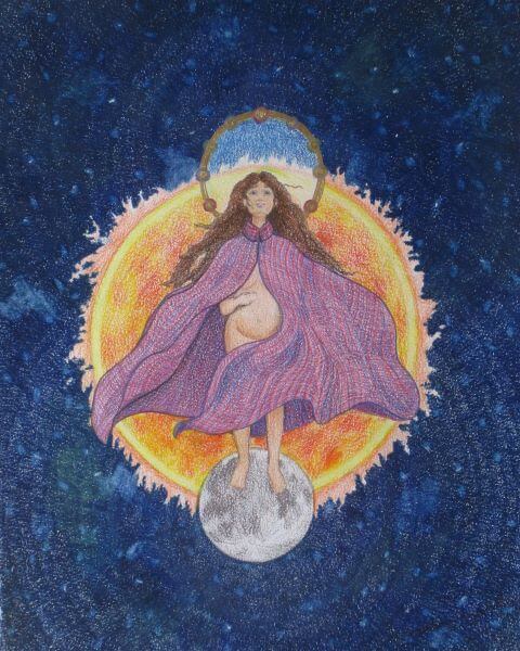Pregnant woman in purple cloak stands on the moon, one hand on her stomach. Behind her is the sun and dark blue sky.