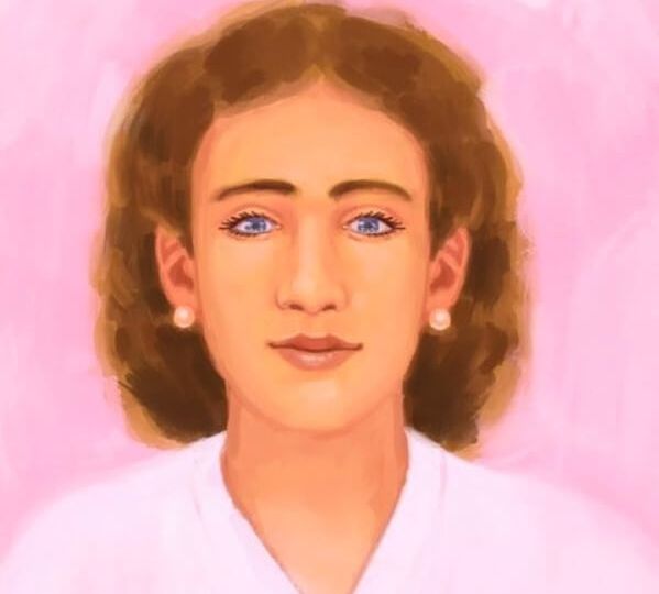A white woman with blue eyes and brown, shoulder-length hair is painted in front of a pink background. She is wearing small gold ball earrings and a pale pink v-neck.