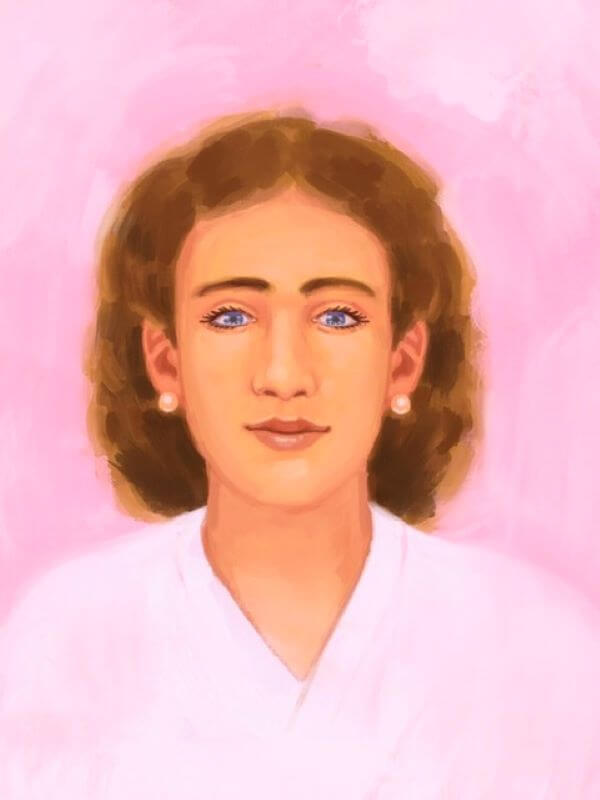 A white woman with blue eyes and brown, shoulder-length hair is painted in front of a pink background. She is wearing small gold ball earrings and a pale pink v-neck.