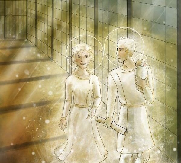 Digital drawing of Heavenly Parents. They are walking down a gold-toned hallway with horizontal shadows. The wall has slightly rainbow tiles. Each person wears white and has a halo around their head. Heavenly Father holds an infant against his shoulder and carries a scroll of paper in his other hand.