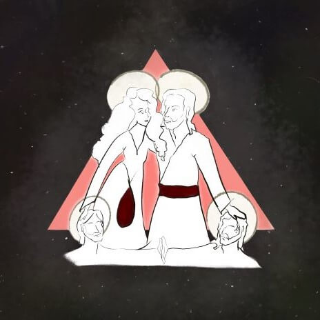 A sketch of Heavenly Mother and Heavenly Father, each with a hand on the head of the Spirit and Jesus. They stand in front of a red triangle on a dark gray, starry background.