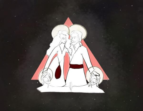 A sketch of Heavenly Mother and Heavenly Father, each with a hand on the head of the Spirit and Jesus. They stand in front of a red triangle on a dark gray, starry background.